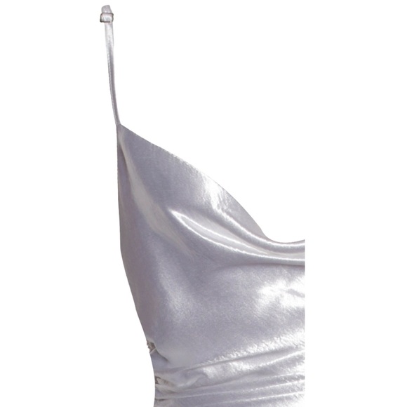 Miss circle white drawstring tie side, slit satin silky bridal midi dress - Picture 6 of 9